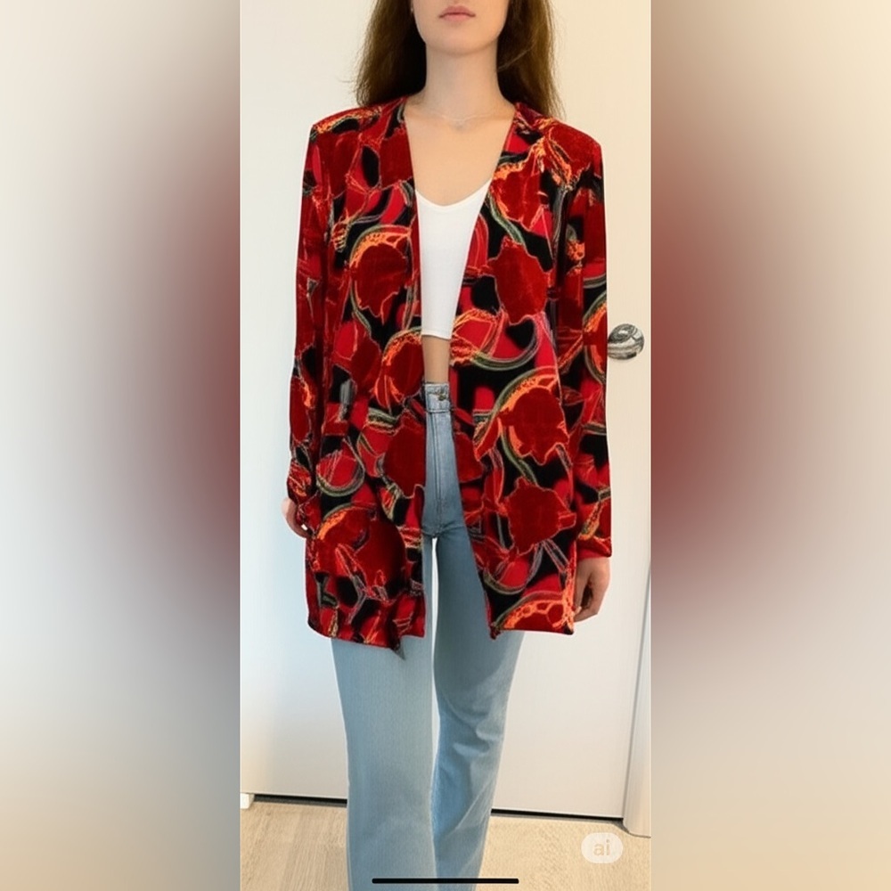 ALIKI YAMANI CREATIONS | Silk Lux Funky Devore Art 3/4 Velvet Red Open Jacket